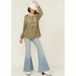 Budget ⌛ Miss Me 👩 Women's Olive Embroidered Southwestern Tassel Top ⌛ -Miss Me Shop unnamed file 1056