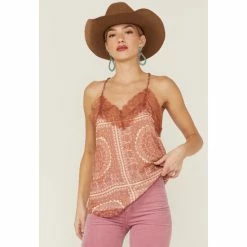 Wholesale 🧨 Miss Me 👩 Women's Rust Medallion Print Lace Trim Cami Rust Copper 🔥