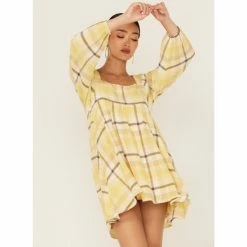 Hot Sale 🛒 Miss Me 👩 Women's Plaid Print Babydoll 👗 Dress Yellow 😀