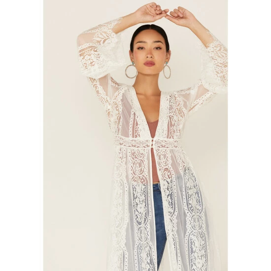 Budget ✔️ Miss Me 👩 Women's Lace Bell Sleeve Duster Kimono White 👍 4 Budget ✔️ Miss Me 👩 Women's Lace Bell Sleeve Duster Kimono White 👍 - Image 2