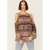 Flash Sale ⌛ Miss Me 👩 Women's Rust Vertical Print Cold Shoulder Bell Sleeve Woven Top Rust Copper 🧨