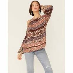 Flash Sale ⌛ Miss Me 👩 Women's Rust Vertical Print Cold Shoulder Bell Sleeve Woven Top Rust Copper 🧨 -Miss Me Shop unnamed file 1120