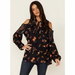 Buy β Miss Me π© Women's Cold Shoulder Long Sleeve Floral Top Navy π