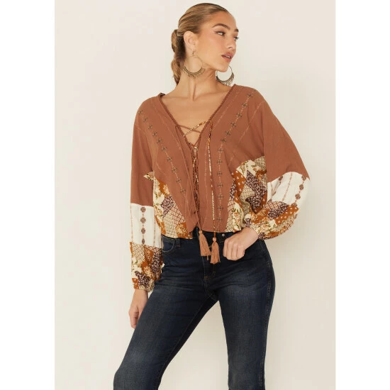 Wholesale ๐งจ Miss Me ๐ฉ Woman's Brown Mixed Media Embroidered Flowy Blouse For ๐ฉ Women โญ 3 Wholesale ๐งจ Miss Me ๐ฉ Woman's Brown Mixed Media Embroidered Flowy Blouse For ๐ฉ Women โญ