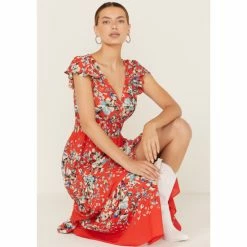 Outlet 🎁 Miss Me 👩 Women's Floral Print Split Hem Maxi 👗 Dress Red 🎉