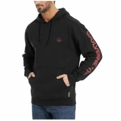Coupon ✨ Wolverine Men's Solid Black Logo Sleeve Graphic Hooded Work Sweatshirt 🎁