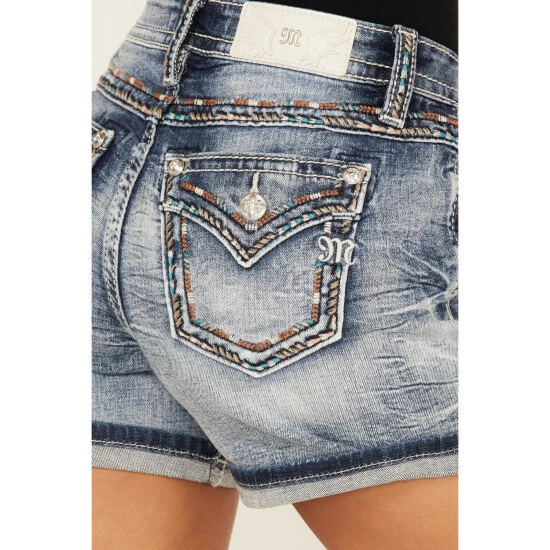 Top 10 🌟 Miss Me 👩 Women's Medium Wash Mid-Rise Embroidered Shorts Blue 👍 6 Top 10 🌟 Miss Me 👩 Women's Medium Wash Mid-Rise Embroidered Shorts Blue 👍 - Image 4