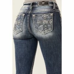 Flash Sale π Miss Me π© Women's Dark Wash Lurex Embroidered Cross Non-Flap Pocket Tapered Bootcut π Jeans Dark Blue π€©