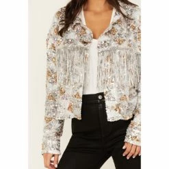 Deals 😉 Miss Me 👩 Women's Sequin Cropped Fringe Jacket Silver 🎉 -Miss Me Shop unnamed file 847