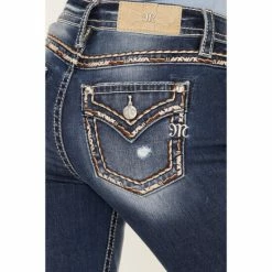 Best Pirce 🛒 Miss Me 👩 Women's Dark Wash Mid-Rise Embroidered Rhinestone Distressed Straight 👖 Jeans Dark Blue ✨ -Miss Me Shop unnamed file 872