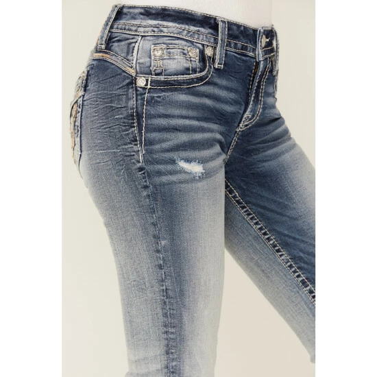 Outlet ✨ Miss Me 👩 Women's Mid Rise Straight Multi Embroidered Leather Wing Back Pocket 👖 Jeans Blue 😉 4 Outlet ✨ Miss Me 👩 Women's Mid Rise Straight Multi Embroidered Leather Wing Back Pocket 👖 Jeans Blue 😉 - Image 2