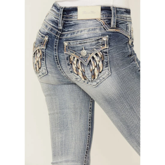 Outlet ✨ Miss Me 👩 Women's Mid Rise Straight Multi Embroidered Leather Wing Back Pocket 👖 Jeans Blue 😉 6 Outlet ✨ Miss Me 👩 Women's Mid Rise Straight Multi Embroidered Leather Wing Back Pocket 👖 Jeans Blue 😉 - Image 4