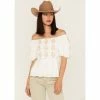 Deals ⌛ Miss Me 👩 Women's Embroidered Puff Sleeve Top White 🎉