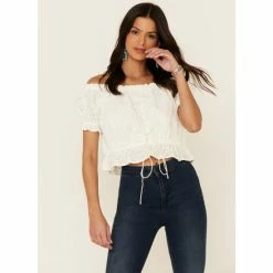 Wholesale 🤩 Miss Me 👩 Women's Eyelet Off-Shoulder Short Sleeve Crop Top White 🎁