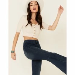 Best Sale π Miss Me π© Women's Pointelle Ribbed Button-Down 3/4 Sleeve Crop Top Cream π