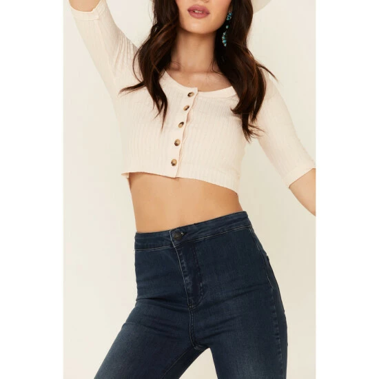 Best Sale 🎁 Miss Me 👩 Women's Pointelle Ribbed Button-Down 3/4 Sleeve Crop Top Cream 😀 5 Best Sale 🎁 Miss Me 👩 Women's Pointelle Ribbed Button-Down 3/4 Sleeve Crop Top Cream 😀 - Image 3
