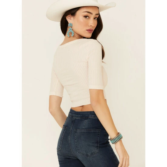 Best Sale 🎁 Miss Me 👩 Women's Pointelle Ribbed Button-Down 3/4 Sleeve Crop Top Cream 😀 6 Best Sale 🎁 Miss Me 👩 Women's Pointelle Ribbed Button-Down 3/4 Sleeve Crop Top Cream 😀 - Image 4