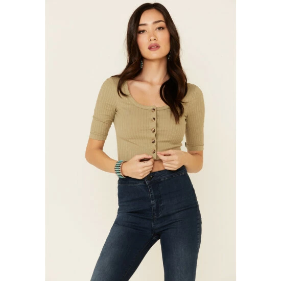 Best Sale 🎁 Miss Me 👩 Women's Pointelle Ribbed Button-Down 3/4 Sleeve Crop Top Cream 😀 8 Best Sale 🎁 Miss Me 👩 Women's Pointelle Ribbed Button-Down 3/4 Sleeve Crop Top Cream 😀 - Image 6